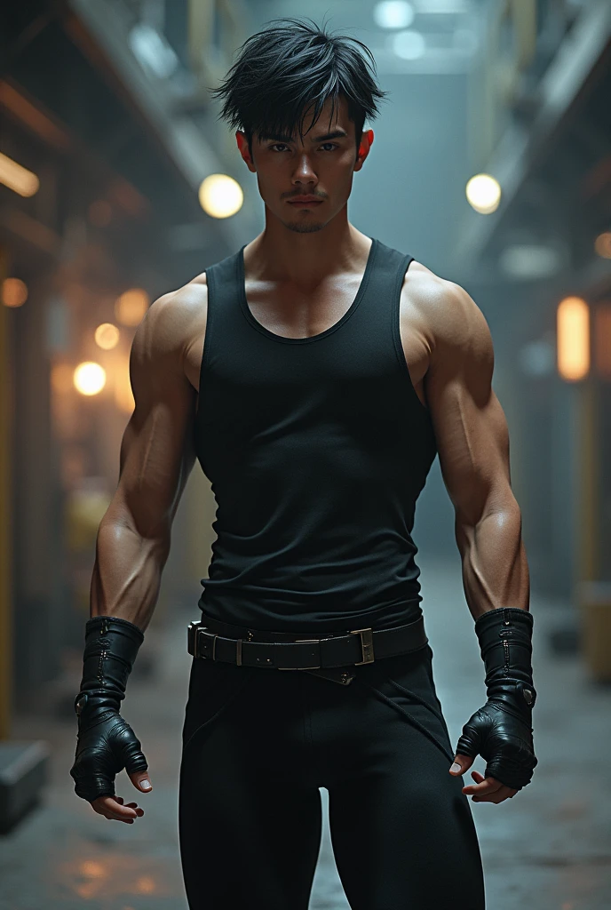 Full body photorealistic handsome hunky young slender futuristic male hero with messy black hair wearing a black costume with belt and gloves and wristbands that can summon shadow,,super Bulge.