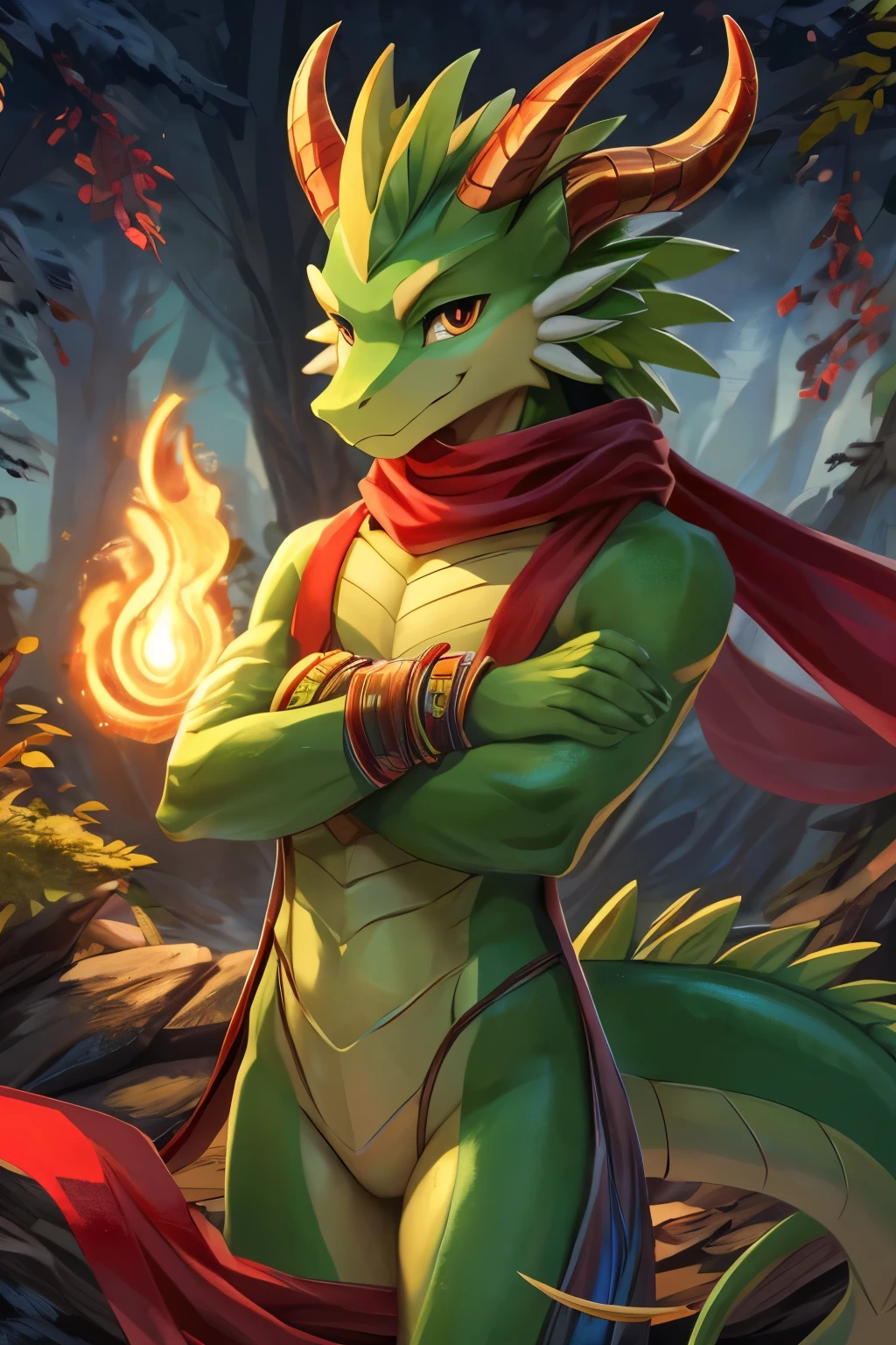 (anime), (front facing), ((looking at the viewer)),(slight smile), slim furry green and lime dragon using old magic, detailed eyes, highres, ((crossed arms)), green main body color, smooth skin, long muzzle, neck and tail fur, digitigrade, horns, feathers, gradients, (red gems), (wearing only a scarf, thigh bandages and bracelets), nature background, ((full body))