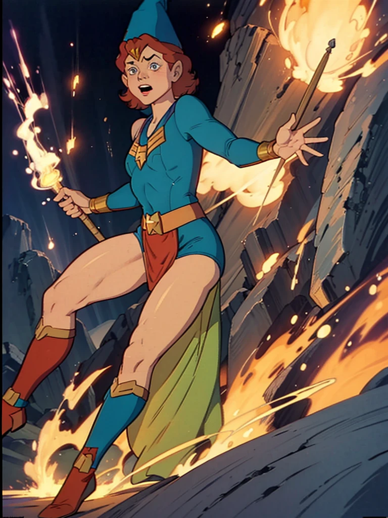 One girl, Daenerys Targaryen, calm face, curly hair, floating standing still, sexy, in flames, calm, fire, yellow eyes, glowing eyes, dirty, ripped clothes, nipples, pussy, pubic hair, blue dress, surrounded by flames, dragons in the sky