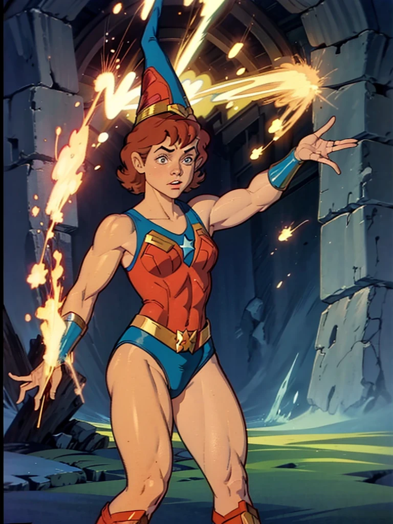 a redhead cartoon character, wonder woman outfit, very muscular,  male wizard, 1980s cartoon, animated episode still, Presto (((mad))), ((Wears a wizard hat))