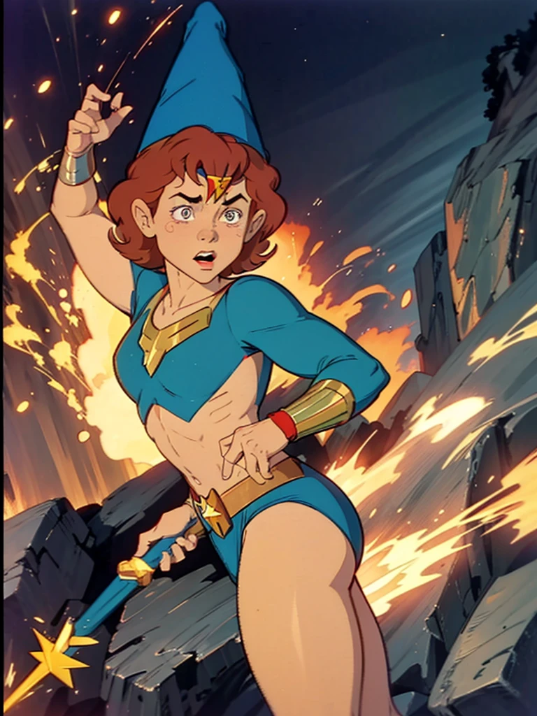 a redhead cartoon character, wonder woman outfit, very muscular, male wizard, 1980s cartoon, animated episode still, Presto (((mad))), ((Wears a wizard hat))