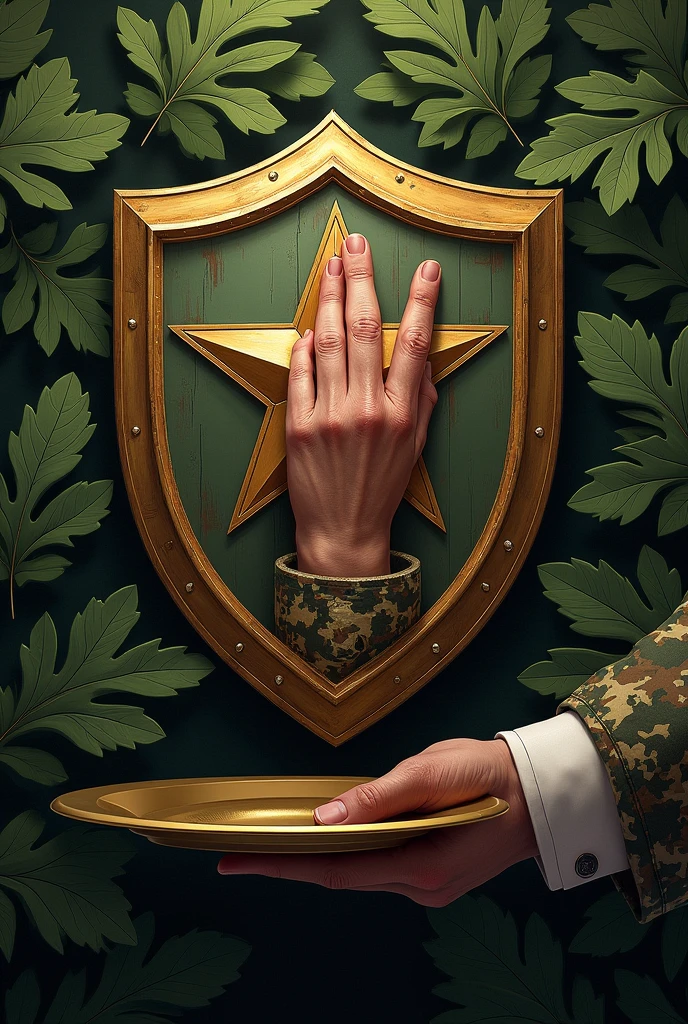 Shield with a hand of a military man, camouflage sleeve, waiter holding an open tray with an army star floating on it, like oak branches, PICTURE REALISTIC 