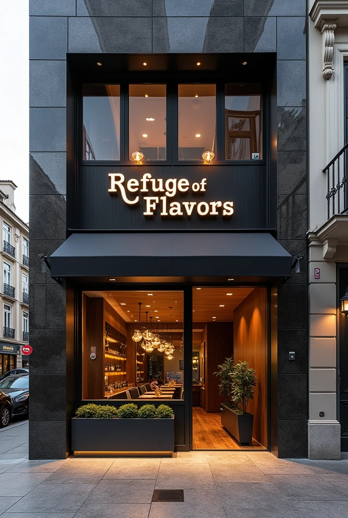 Facade of a restaurant with the name " Refuge of Flavors" more modern, with the name me portuguese