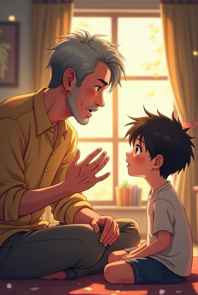 A father explaining something to his son in anime style