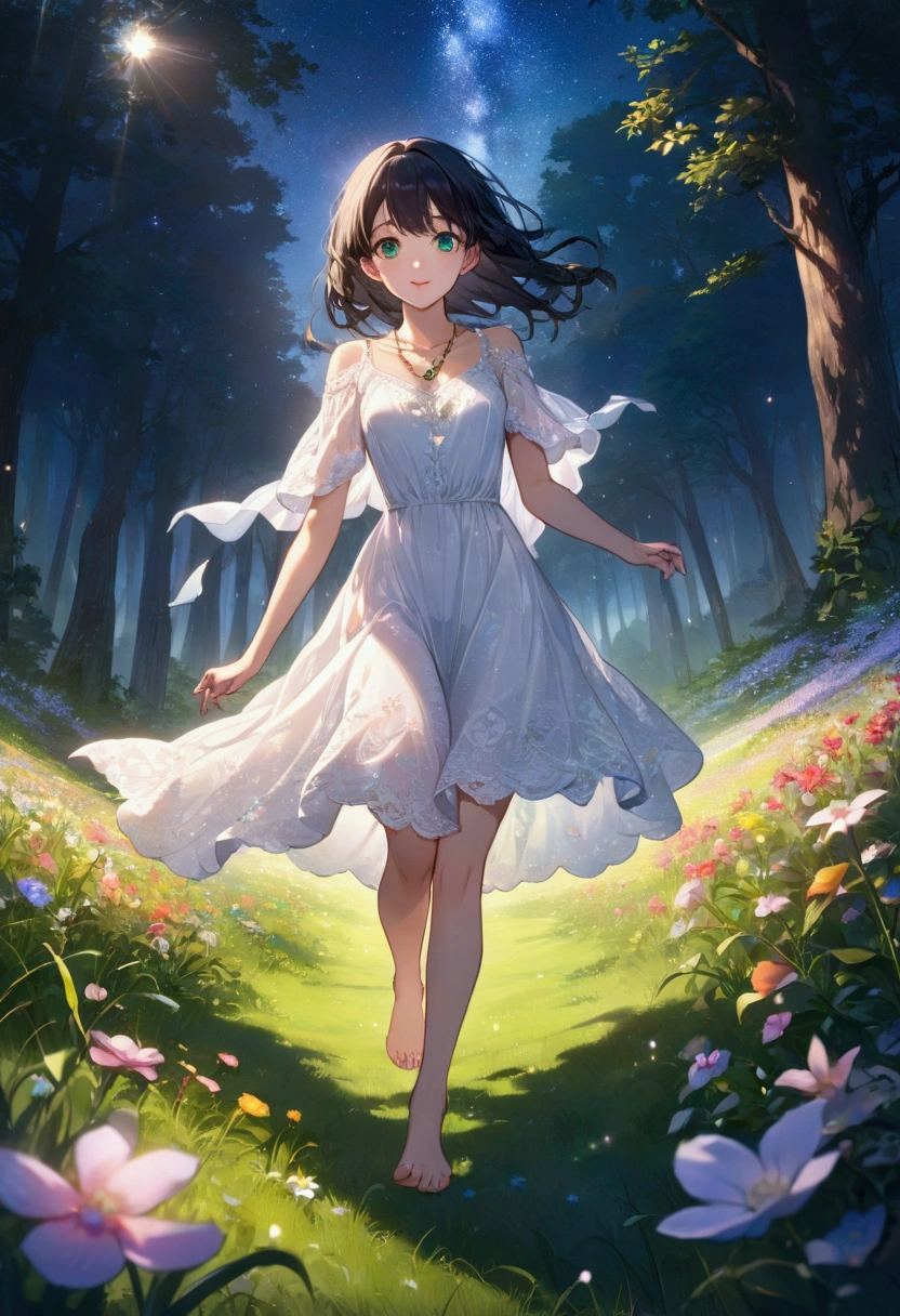 (masterpiece、Highest quality、8k、High resolution)、1 female、Beautiful eyes with slit length、Cute lips、Beautiful Nose、Brownish black hair、smile、(Best anime girl)、Green grassland with forest view、Walking,(Barefoot, flying, running, high, high),Colorful flowers blooming in the field,A bright night with the stars clearly visible、milky way、Mysterious light particles from the whole body、Colorful light particles、A mysterious light shining around your head、melt、jewelry、necklace、White lace dress、(Beautiful full body style)、Highly detailed anime art、A complete portrayal、