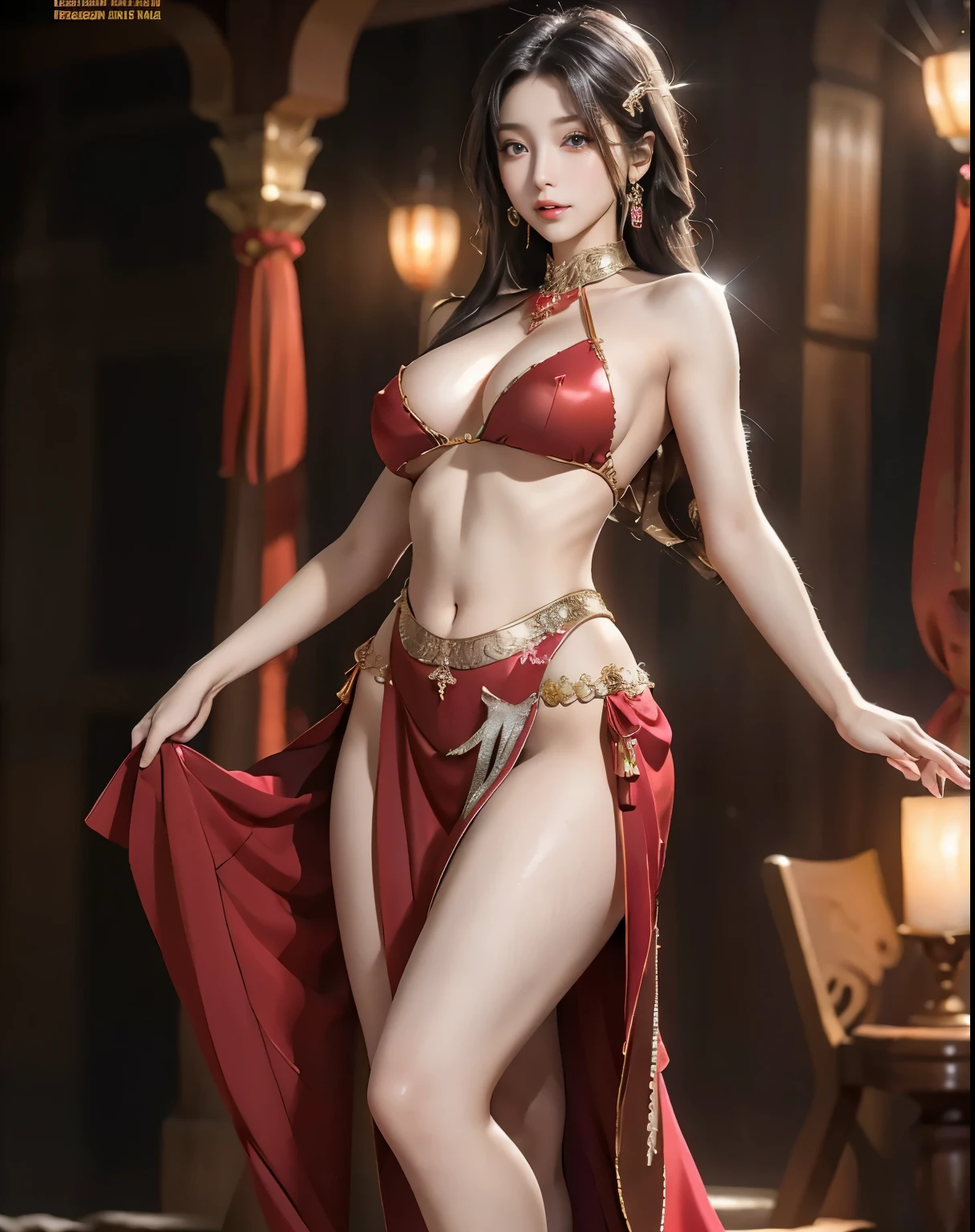 masterpiece, Highest quality, Realistic, 1 girl, Arabian desert, Voluptuous waist, night, A red Arabian dress decorated with gold and silver, Belly Dancer, Beautiful long hair, Big Ass, Realistic美しいlegs, Clothes with a wide open chest, stockings, Protruding nipples, My whole body is sticky with body oil, A well-trained body, Abdominal muscles, Professional Lighting, Glowing Skin, Full body photo including toes