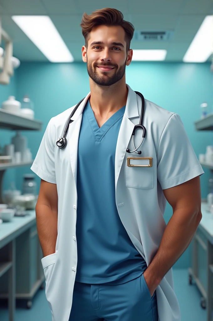 A handsome 2 young man. Athletic and tall. With veterinary outfit. veterinarian