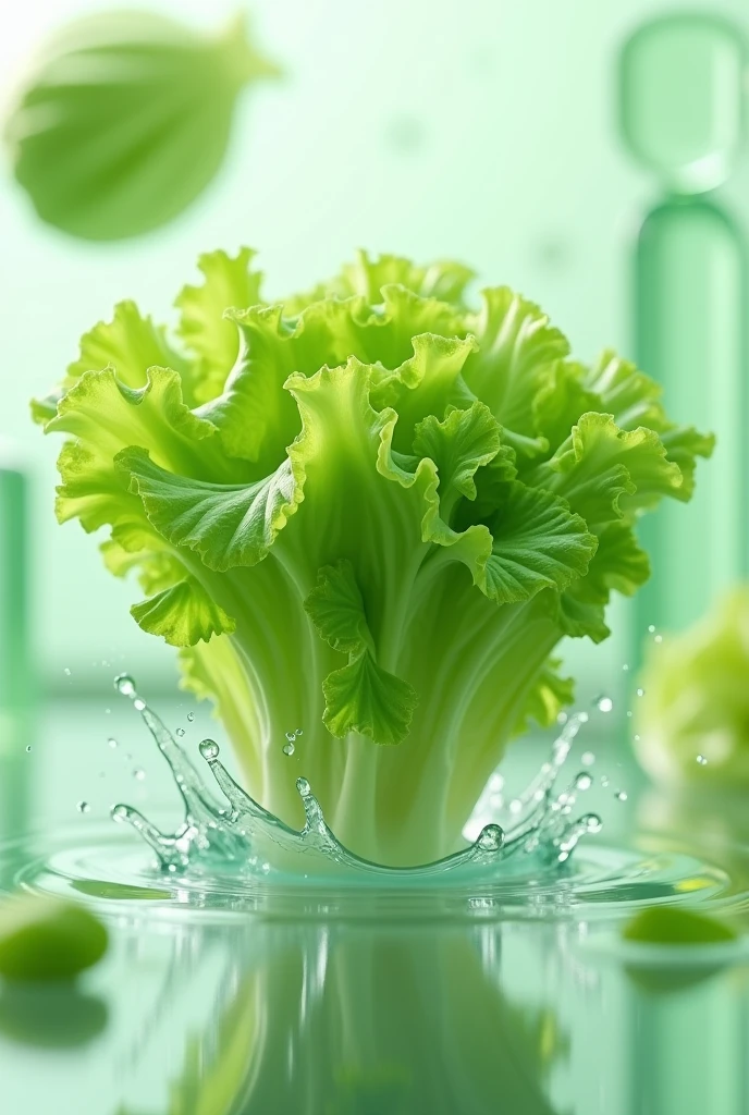 A blurred green lettuce with its crisp, ruffled leaves and delicate textures, with water splashing around it, rendered in the style of Cinema4D. The scene captures a micro-level focus similar to Marcin Sobas's style, featuring contemporary glass elements with light green and white tones. The lettuce is suspended in a bright, fresh space, creating an ultra high-definition image that emphasizes the freshness and vitality of the vegetable