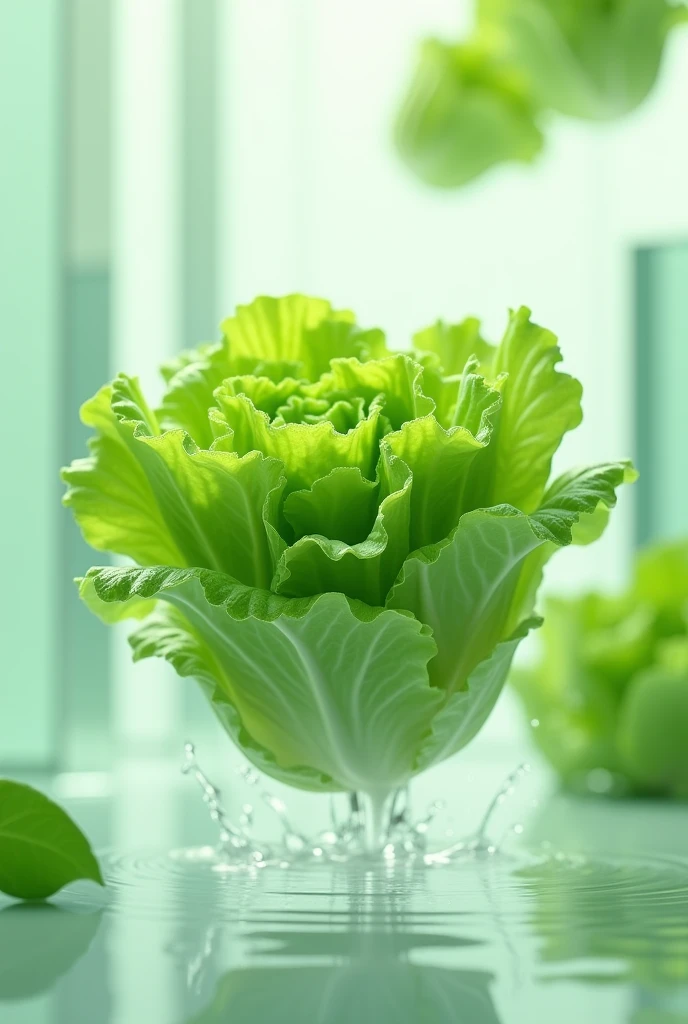 A blurred green lettuce with its crisp, ruffled leaves and delicate textures, with water splashing around it, rendered in the style of Cinema4D. The scene captures a micro-level focus similar to Marcin Sobas's style, featuring contemporary glass elements with light green and white tones. The lettuce is suspended in a bright, fresh space, creating an ultra high-definition image that emphasizes the freshness and vitality of the vegetable