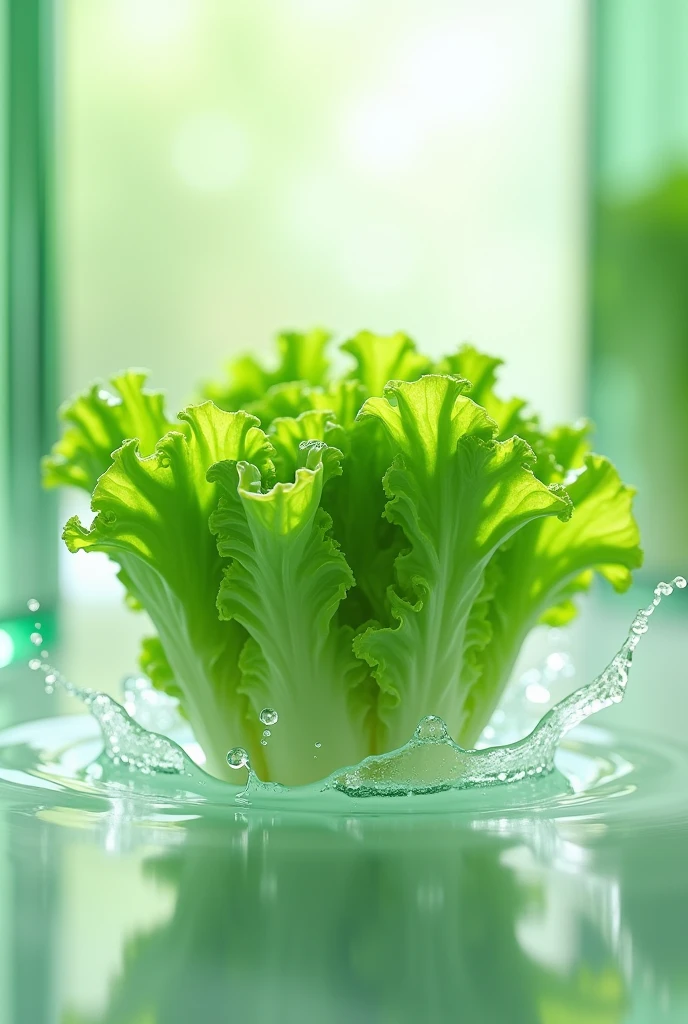 A blurred green lettuce with its crisp, ruffled leaves and delicate textures, with water splashing around it, rendered in the style of Cinema4D. The scene captures a micro-level focus similar to Marcin Sobas's style, featuring contemporary glass elements with light green and white tones. The lettuce is suspended in a bright, fresh space, creating an ultra high-definition image that emphasizes the freshness and vitality of the vegetable