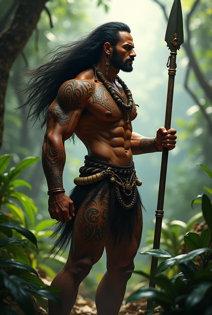 A full-body Brazilian indigenous warrior in a fighting stance with a spear in his left hand, black hair, body with graphics and studs on his lip and ears.