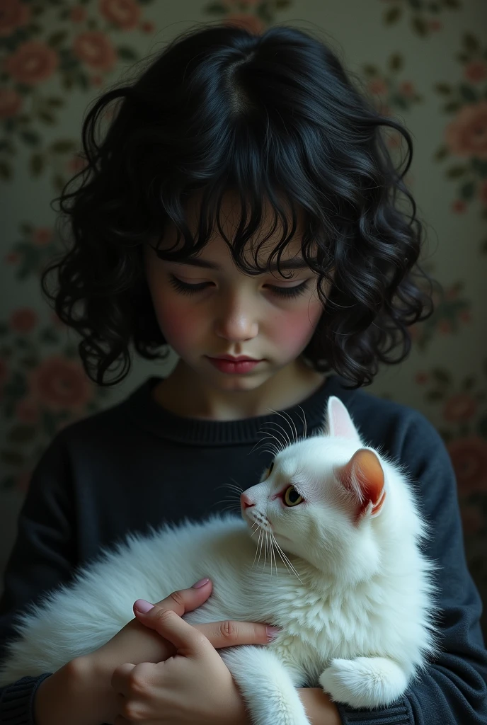 Black Curly haired girl with a white cat in dark themed wallpaper 