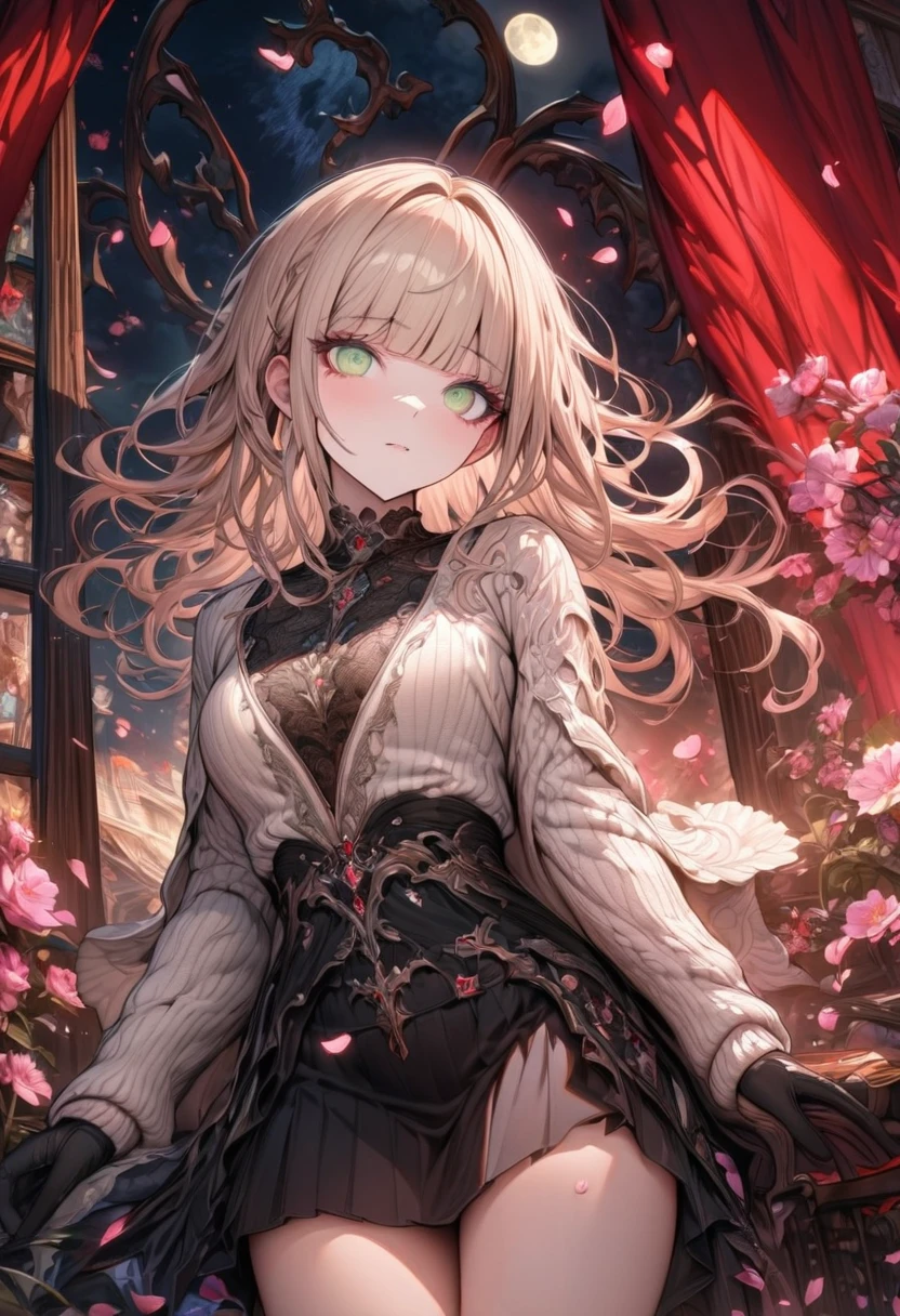 Ultra detailed, highres, absurdres, HDR, master piece, Aida, ash blonde hair with bangs, medium length hair, expressive light green eyes, Danganronpa, black ribbon at the side of her hair, white cardigan with black patterns, black skirt, pink flowers, petals, moon, window, red curtains, woman, solo, extremely beautiful, very detailed face and eyes, best quality, fantasy, magical, black gloves