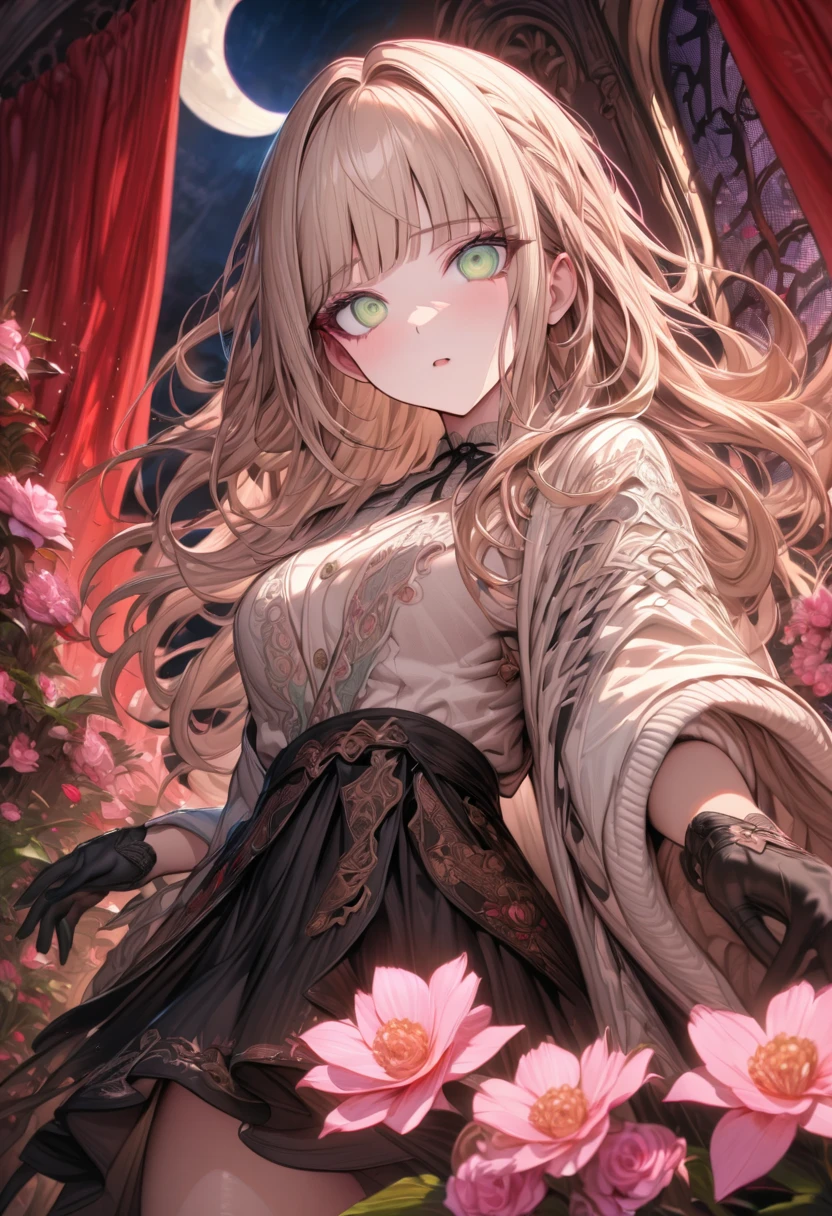 Ultra detailed, highres, absurdres, HDR, master piece, Aida, ash blonde hair with bangs, medium length hair, expressive light green eyes, Danganronpa, black ribbon at the side of her hair, white cardigan with black patterns, black skirt, pink flowers, petals, moon, window, red curtains, woman, solo, extremely beautiful, very detailed face and eyes, best quality, fantasy, magical, black gloves