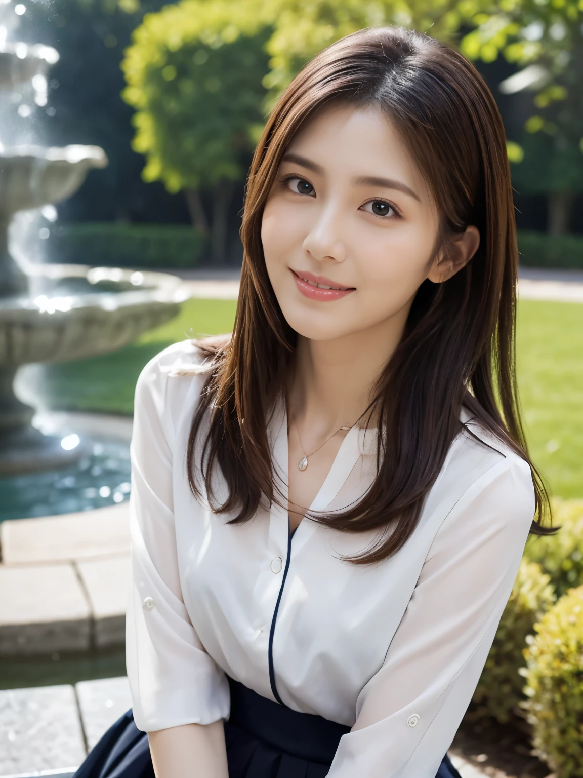 (Raw Photo), (Photorealistic), (Masterpiece), (Top Quality), High Resolution, 8K, (Exquisite Details), (Voluminous Light), Portrait, Woman, Medium Straight Hair, Layered Hair, Reddish Brown Hair, Very Thin Eyes, Source Order, Very Thin Eyebrows, Normal chest, Very Thin Skin, Thin Mouth, Very Thin Nose, Idol-Like, Happy Smile, 2, (Thick Lips), (Looking at the Viewer), (Elegant White Blouse, Navy Blue
tight skirt), Waist Shot, background is a park with a fountain, (Random Body Orientation),