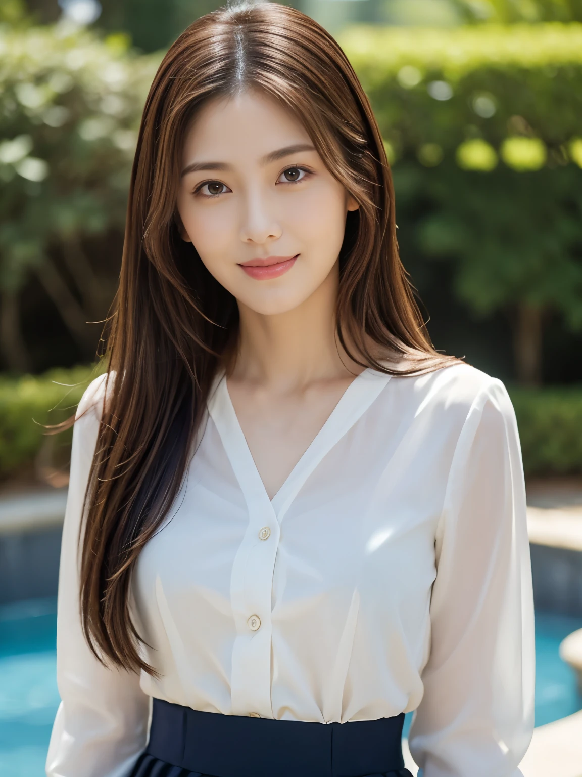 (Raw Photo), (Photorealistic), (Masterpiece), (Top Quality), High Resolution, 8K, (Exquisite Details), (Voluminous Light), Portrait, Woman, Medium Straight Hair, Layered Hair, Reddish Brown Hair, Very Thin Eyes, Source Order, Very Thin Eyebrows, Normal chest, Very Thin Skin, Thin Mouth, Very Thin Nose, Idol-Like, Happy Smile, 2, (Thick Lips), (Looking at the Viewer), (Elegant White Blouse, Navy Blue
tight skirt), Waist Shot, background is a park with a fountain, (Random Body Orientation),