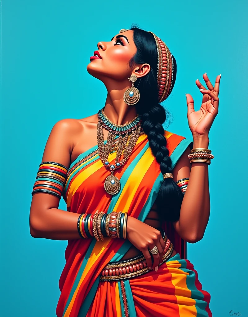 Portrait of a vibrant Indian tribal woman with medium breasts in traditional attire. Colorful painting in a poster color and acrylic colors on a white chart with bold outlines. The woman has dark hair in a braid, adorned with a beaded headband. She wears large ornate earrings, a necklace, and multiple bangles. Her clothing features bright stripes in various colors. The woman's face is tilted upward with an expressive pose, her hand raised gracefully. The background is a solid light blue color. Style: Modern pop art meets traditional Indian folk art, with vivid colors and simplified forms creating a striking, eye-catching composition,