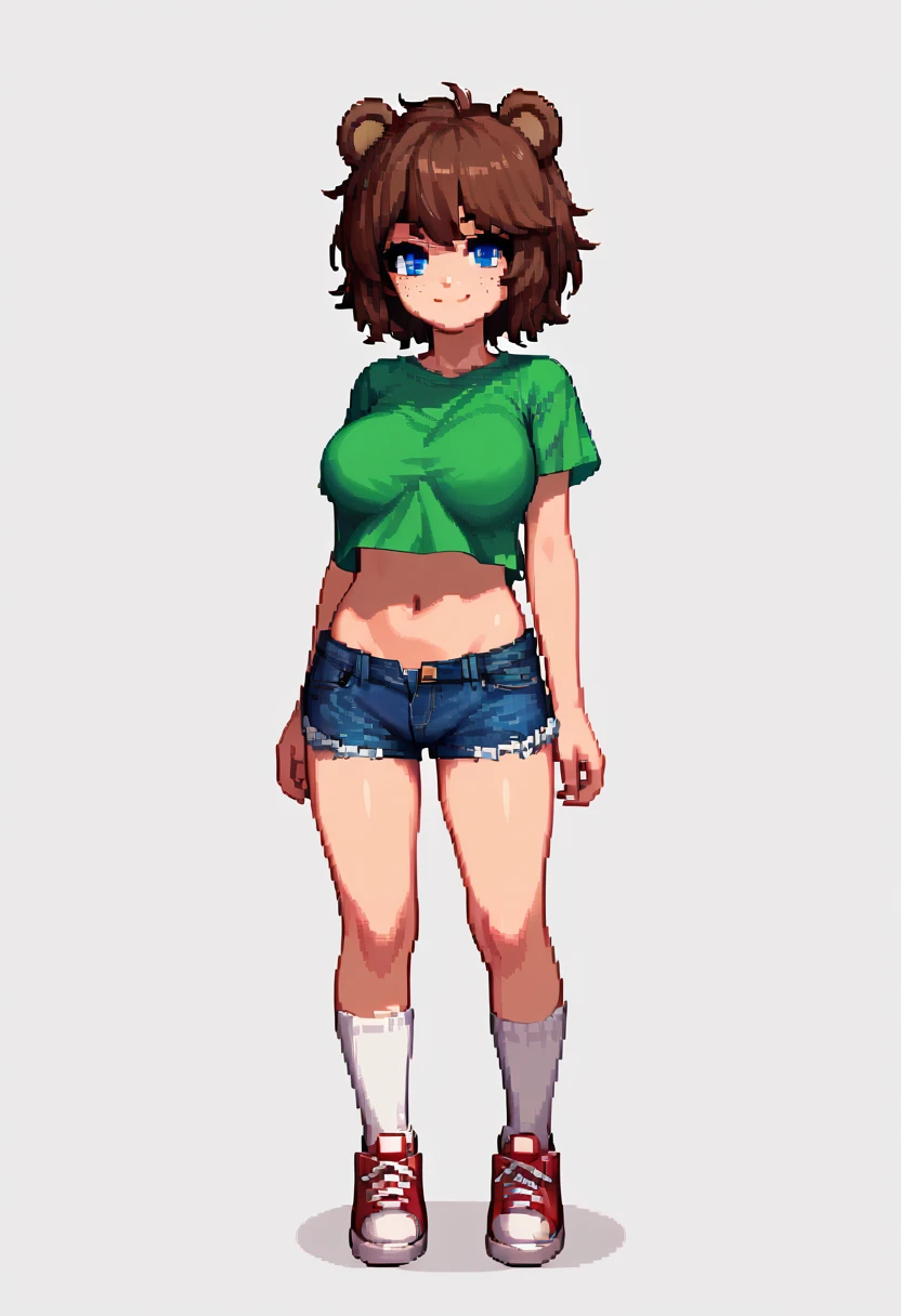 score_9_up, score_8_up, score_7_up, 1girl, solo, (pixel art, pixel style), source_anime, hourglass figure, Big breasts, kemonomimi, bear ears, brown hair, short hair, messy_hair, blue eyes BREAK freckles, green shirt, short sleeves, navel, denim shorts, high socks, white socks, red sneakers, standing, white background, smile, closed mouth, looking at viewer, 