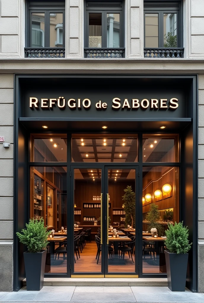 Facade of a restaurant with the name " Refuge of Flavors" more modern, with the name in Portuguese.