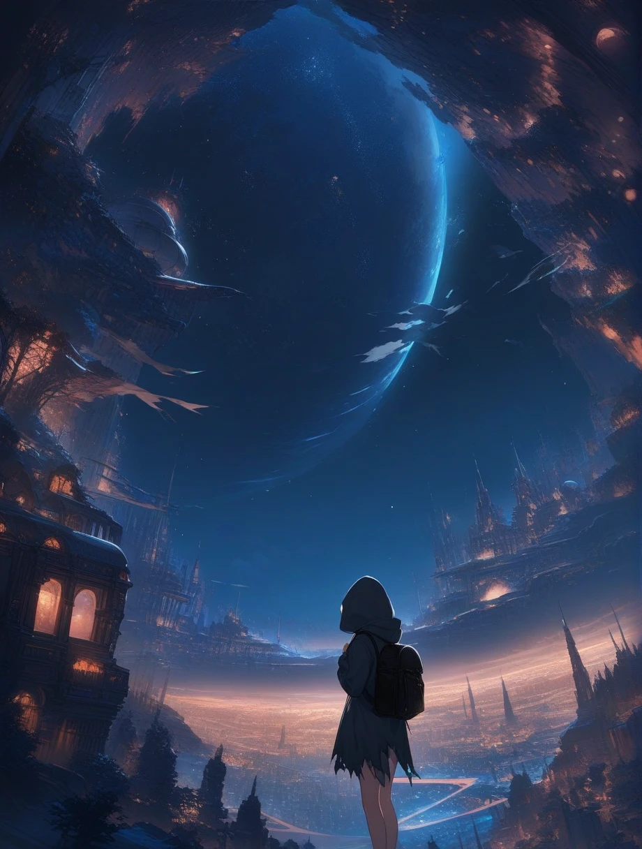 score_9, score_8_up, score_7_up, score_anime, masterpiece, top quality, delicate illustration, sharp lines, sharp focus, BREAK, a traveling girl wandering in the endless night world, the girl wears a hood and has a lot of stuff in her backpack, night , fantastic landscape, beautiful scenery, harmony with nature, spectacular view, space city, (((torn clothes)))