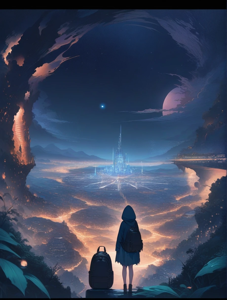 score_9, score_8_up, score_7_up, score_anime, masterpiece, top quality, delicate illustration, sharp lines, sharp focus, BREAK, a traveling girl wandering in the endless night world, the girl wears a hood and has a lot of stuff in her backpack, night , fantastic landscape, beautiful scenery, harmony with nature, spectacular view, space city, (((torn clothes)))