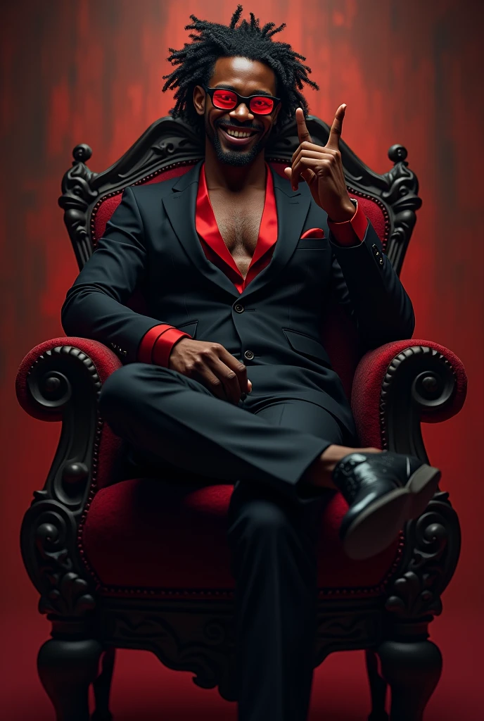 tall black man. 1 meter and 90 with curly hair with braids and ponytail and with a black suit with red details on the suit, seductive smile with vampire fangs showing and large appearing, he is wearing black glasses with red lenses, he will be on a throne with his leg crossed with one hand making the symbol of connection.