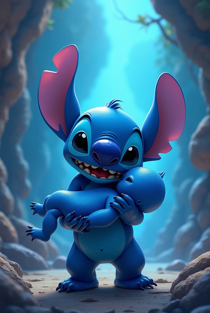 Stitch holding a man painted blue