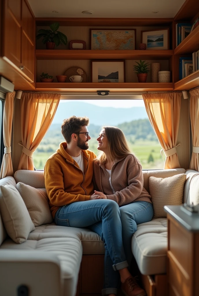 Young couple traveling in a motorhome. Image inside the house.