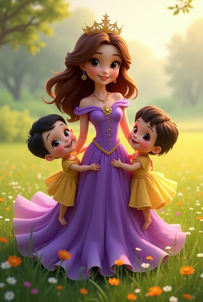 I need an image where you can see a princess without a crown in a long purple dress with brown hair with two babies, one with black hair and the other with brown hair and both with yellow dresses in the field happy.