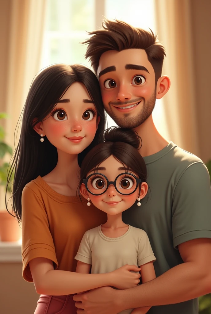 Create a two woman and a man, i Will describe each one. The oldest is a woman of 5 woman with dark black hair, short to her shoulders, a small nose, tender brown eyes, and a chubby body. And Create a male son, 2, short brown hair, athletic, sporty, with a short beard, beautiful smile and tender brown eyes. And Create other woman 3, brown hair tied up in a bun and parted in the middle, pearl earrings, tender eyes with large glasses, a small nose and a tender smile, plump with body curves.