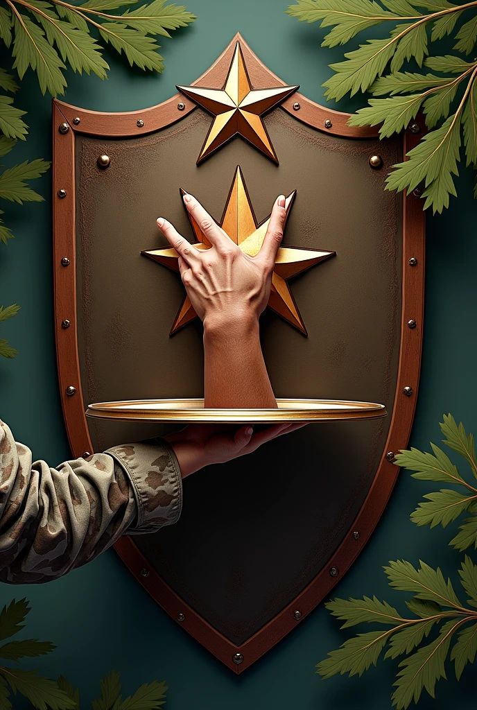 Shield with a hand of a military man, camouflage sleeve, waiter holding an open tray with an army star floating on it, like oak branches, PICTURE REALISTIC