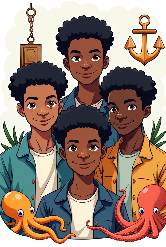 4 man , dark complexion short black curly hair, and brown eyes, In the background there is an octopus next to him and on the wall there is an anchor hanging , cartoon style, highly detailed facial features, Coloring Book Art, no background, ready to be colored, youtube avatar format type