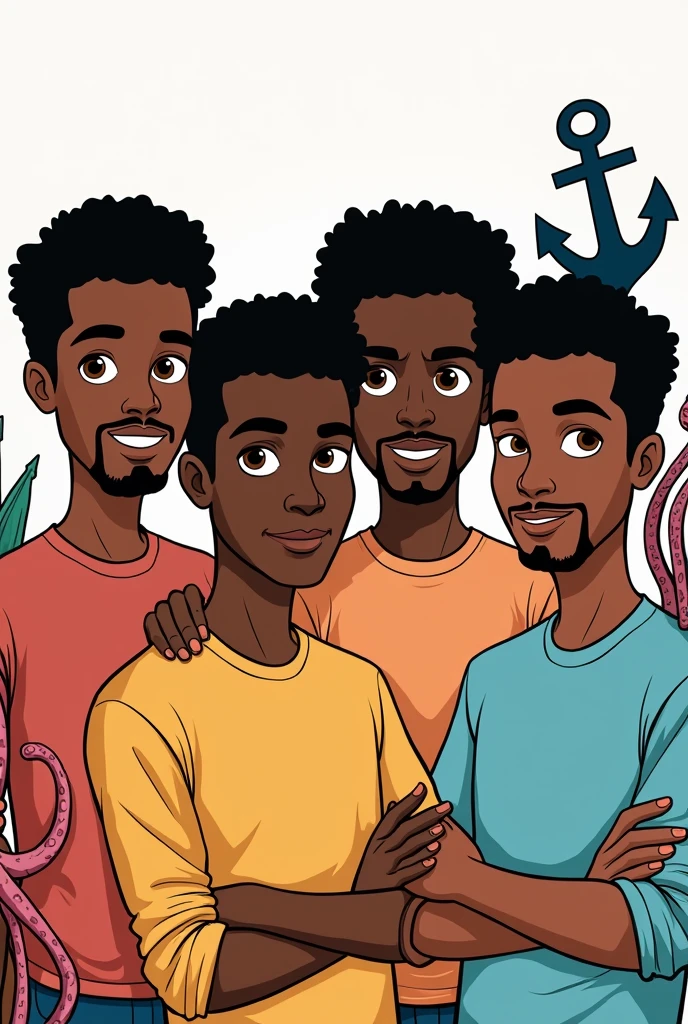 4 man , dark complexion short black curly hair, and brown eyes, In the background there is an octopus next to him and on the wall there is an anchor hanging , cartoon style, highly detailed facial features, Coloring Book Art, no background, ready to be colored, youtube avatar format type