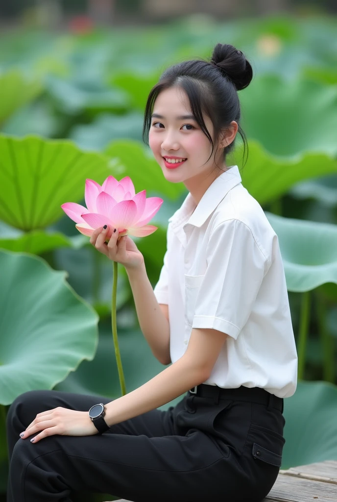 beautiful indonesian girl , berkulit white mulus, well-groomed face, Korean style black hair bun, ,kemeja white kotak-kotak hitam,black cargo pants, cool watch,
,, pose staring,smile,sitting while holding a lotus flower, in the middle of the bridge looks very long..,left right bridge lake very beautiful, there are red lotus flowers. Pink,,white, decorate the pool, The background is visible from a distance, the traditional cafes lined up on the edge of the lake are truly amazing.. Original photo ,Realistic