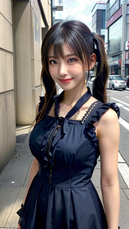 (Realistic:1.3), In detail, quality, Rembrandt Lighting, (Tabletop:1.2), (Realistic:1.2), (最高quality), (Detailed skin:1.3), (Complex詳細), dramatic, Ray Tracing, One Girl, Japanese girl, 、Big eyes、smile, Twin tails, Twin Loop Hair, Parted bangs, 2, Big ample breasts, Gothic Fashion、Short dress, Frills, race, ribbon, Complex, (in Tokyo street, Harajuku, sunny day), Browsing Caution,