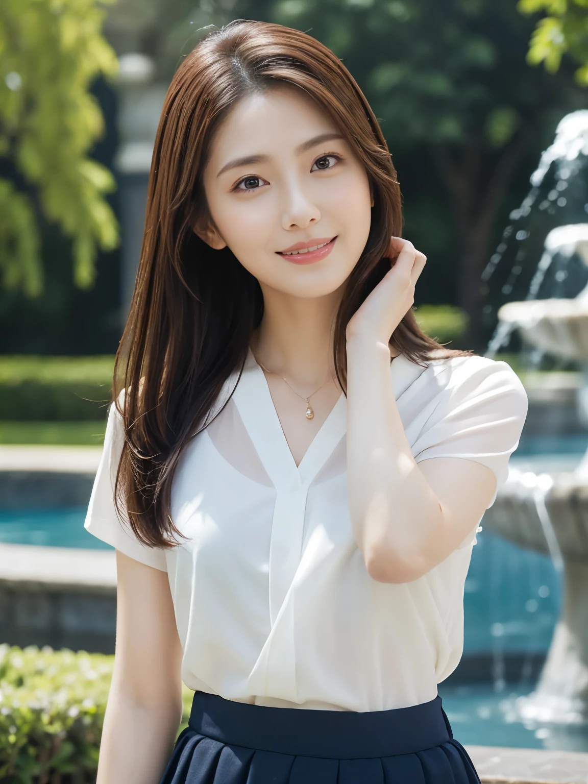 (Raw Photo), (Photorealistic), (Masterpiece), (Top Quality), High Resolution, 8K, (Exquisite Details), (Voluminous Light), Portrait, Woman, Medium Straight Hair, Layered Hair, Reddish Brown Hair, Very Thin Eyes, Source Order, Very Thin Eyebrows, Normal chest, Very Thin Skin, Thin Mouth,Very Thin Nose, Idol-Like, Happy Smile, 2, (Thick Lips), (Looking at the Viewer), (Elegant White Blouse, Navy Blue Skirt), Waist Shot, background is a park with a fountain, (Random Body Orientation),