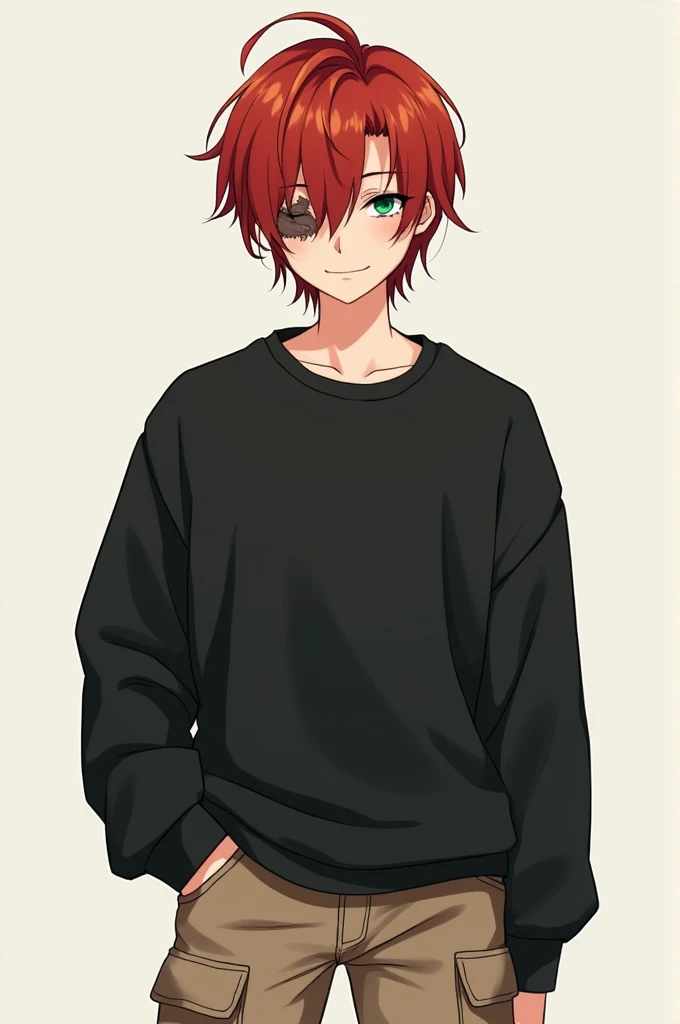 male, faded red hair, greeneyes, 18-years old, a scar on the right eye, bonitas, wears black sweatshirt, beige cargo jeans, アニメ, trans, sem muitos detalhes