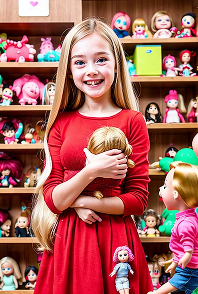 1 female, age girl, red long sleeve dress, blonde long hair, rosa cheeks, doll store, playing a dolls, happy face, huge breast