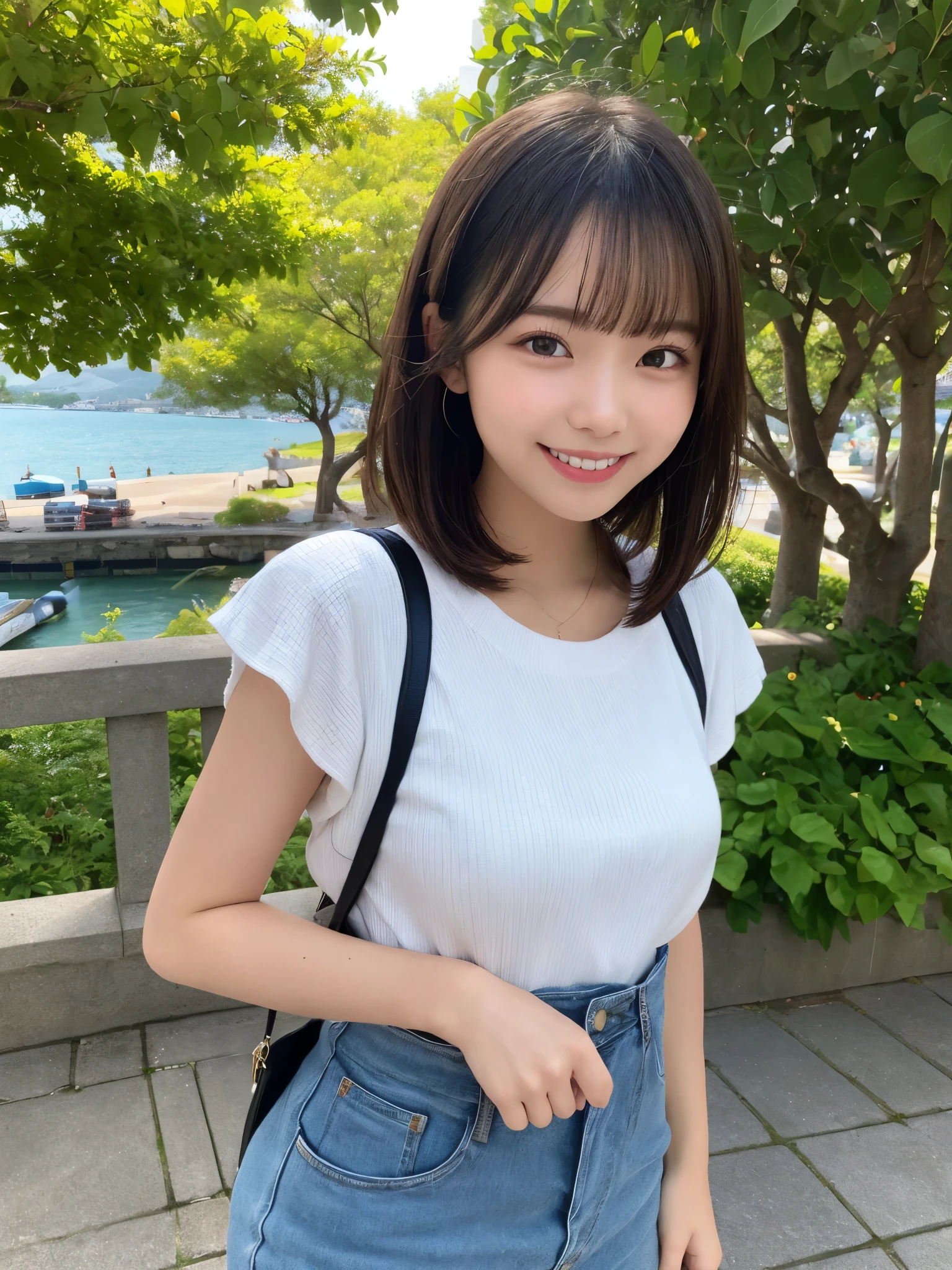 8K, RAW Photo, Best Quality, Masterpiece, Realistic, PhotoRealistic, Extremely Detailed 8K Wallpaper, Beautifully Detailed Eyes, Finely Detailed Face, 
 BREAK 
Professional Lighting, 
 BREAK 
(1 Girl on the Mountain Top:1.4, Meandering River Far-off:1.2), 
 BREAK 
Perfectly Anatomically Correct:1.2, 5 Beautiful finger:1.2, 
 BREAK 
1 Girl, Very Short Hair Bun:1.4, Japanese, Wide-Set Eyes, Water Eye, Very White Skinned, Blush, Embarrassed, 17-Year-Old, 
Brown Hair, Wet Hair:1.3, Messy Hair, 
Peaceful, Smiling, [Pouted Cheek], Open Mouse Slightly, 
Looking Up Viewer, 
(Wearing Thin Linen Short Sleeve Shirt + Super Short Casual Pants), 
(Beautiful Buttocks, Spherical Shape Buttocks, Medium ASS, Upturned ASS, Buttocks Stuck Out Highly), 
[Slightly Cleavage], 
 BREAK 
SFW:1.0, Non-Nipple:1.0, 
 BREAK 
(Eye Focus), Feet Out of Frame, Bokeh:1.2