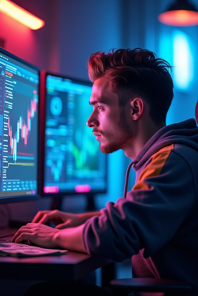 I want an image with the following characteristics,a trader with slicked back faded hair,light brown hair color,with sweatshirt outfit with mixed color details,the trader has to be looking with a fixed gaze at the PC screen ,this PC has to have lots of blue and pink and red orange lights,Very advanced PC and on the PC screen there must be a very visible name FT trader YouTuber and on the side many 200 reais and dollar bills
