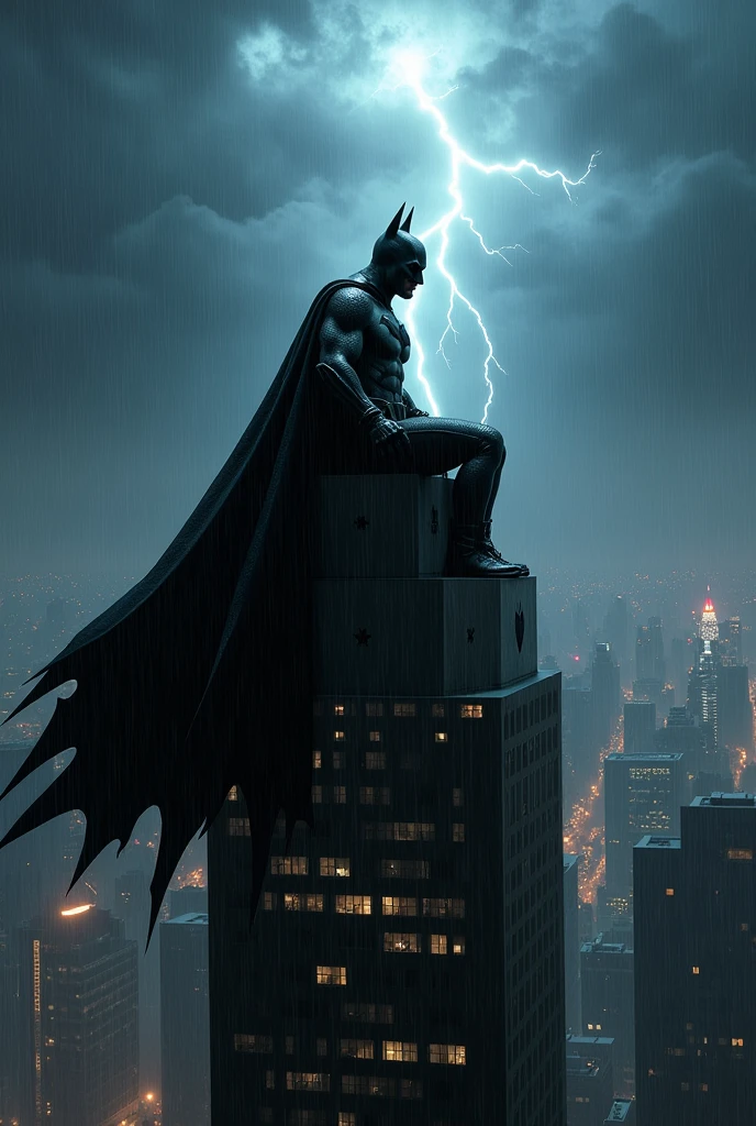 batman sitting on top of a building in raining night with thunder