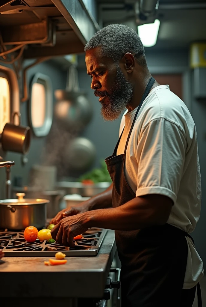 Imagine Harrison Okene working as a cook on a Nigerian ship.., Hyper realistic, photographic realism, cinematography. The camera lens has a size of 200 mm, aperture adjustment f/4.5, and ISO 1600, with the medium being color photography.