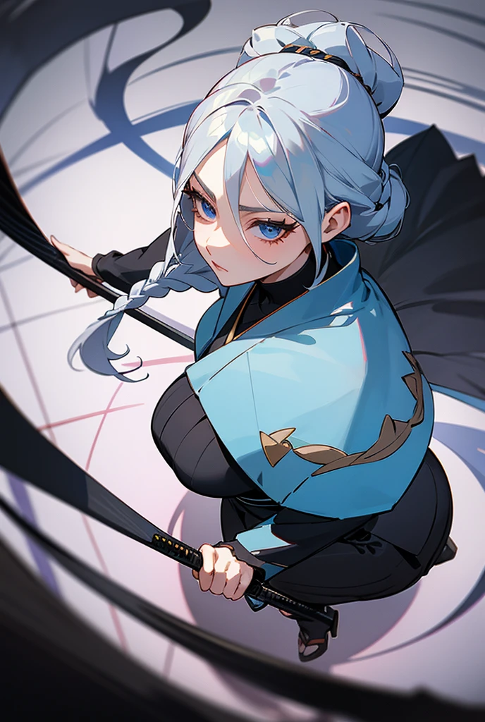 tall woman, Black blue kimono suit with a high collar that has an eye and swirl symbol, loose pants , blue eyes, White hair, long white eyelashes, turtle neck(( 12cm heels)) tall black, Curvy body, dark round cravings, Long hair, with braids, ((naginata weapon)) Japanese anime style drawing, High details, quality, textured skin, from one side,from above,