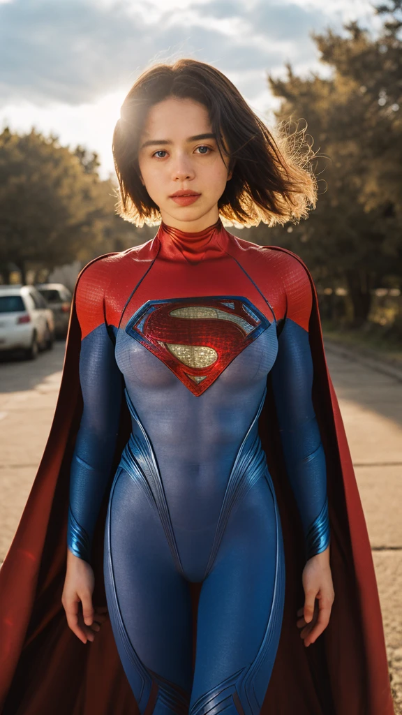 photo of supergirl, short hair, bodysuit, cape, outdoors sunny day, background sky, analog style (look at viewer:1.2) (skin texture), Fujifilm XT3, DSLR, 50mm, (upper body, bust, transparent bodysuit:1.3), (nipples:0.7), cleavage