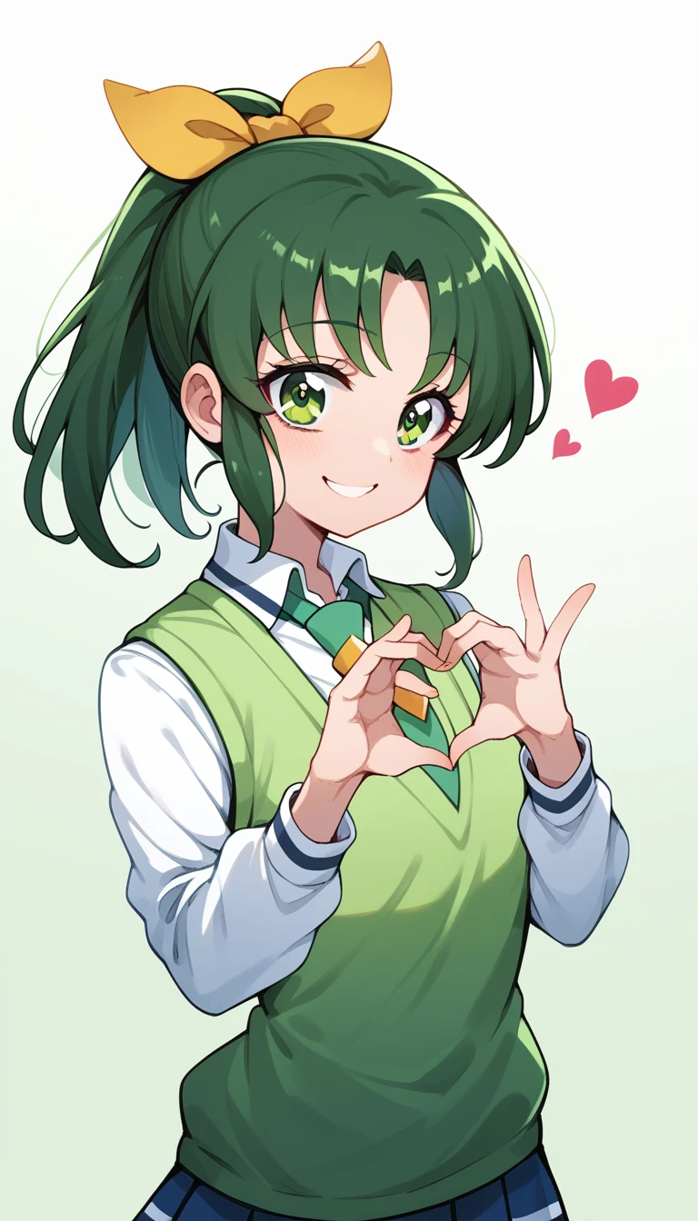 Score 9, Score 8 up, Score 7 up, The evaluation is questionable,
Detailed Background, Glowing Skin,Nao Midorikawa, green hair, green eyes, ponytail, hair ribbon, nanairogaoka middle school uniform, green necktie, green sweater vest,girl, Grab your chest, smile, Cleavage, Heart with hands placed in front of chest, Browsing Caution