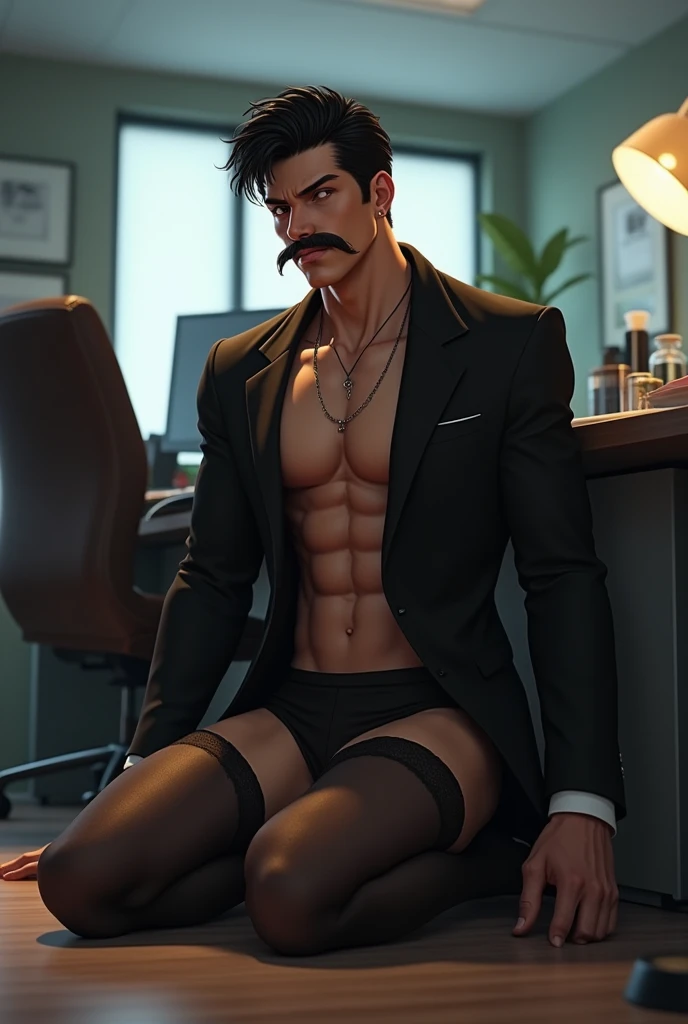 4,Hidetoshi Nakata,(Kogoro Mouri 1.3),Shirtless muscular man,mustache,Eye,Suit,Kneel in the office,black stockings,Sexy Lingerie