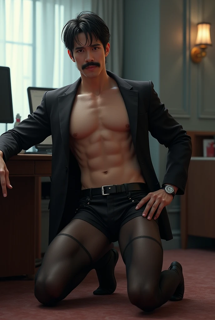 4,Hidetoshi Nakata,(Kogoro Mouri 1.3),Shirtless muscular man,mustache,Eye,Suit,Kneel in the office,black stockings,Sexy Lingerie