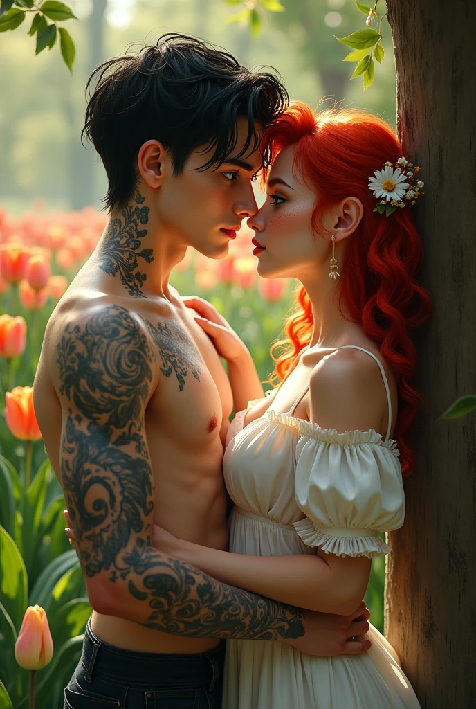 Black haired boy with arms full of tattoos and grey eyes, with his hands on the waist of a red-haired girl with green eyes and freckles, She has a white flowered dress on, she is smiling with one hand on a tree and the other in her hair., There are tulips around