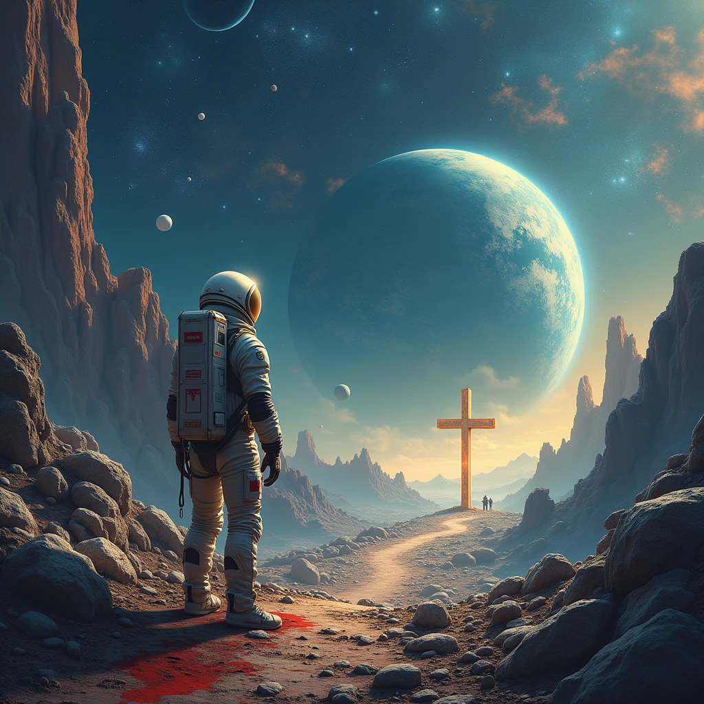 in outer space , planets , constellations , galaxies, planets 

Un camino largo , rocky and dangerous A cross at the end of the road A crown of thorns and a garment lying on the ground A mark of blood An astronaut 