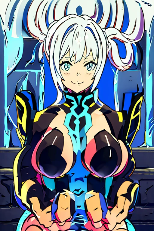 a close up image of an anime girl, (lievre), (((ssbbw))), chubby, extremely detailed face, (detailed eyes), stares at the viewer, (evil smile), (((extremely large breasts))), (((very tight outfit))), simple background, hyper bottom heavy, round belly,